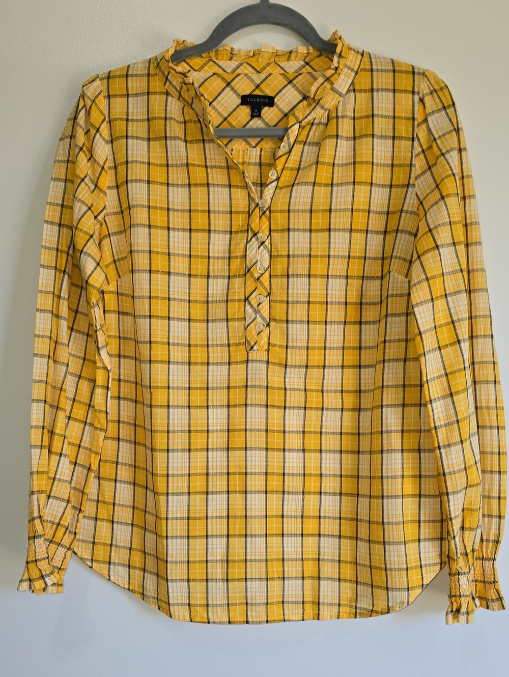 Talbots Yellow Plaid Ruffle Button Front Blouse Sz S
